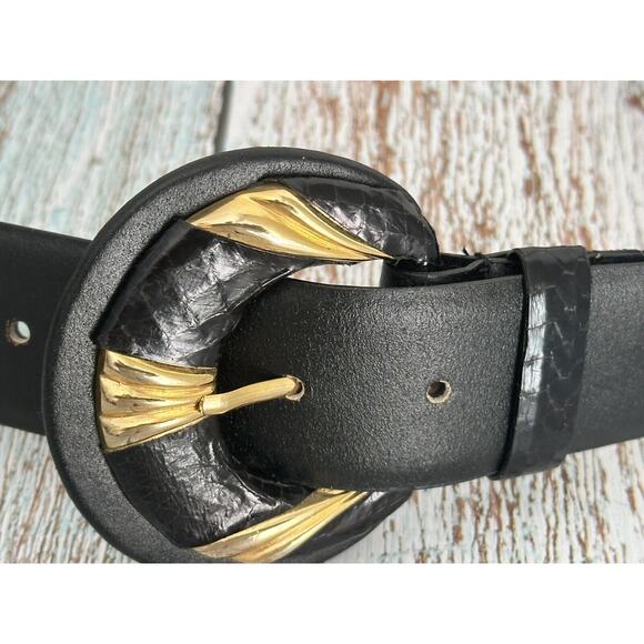 Women's Vintage 1980 Black and Gold Tone Accent Buckle Belt L - Picture 13 of 14